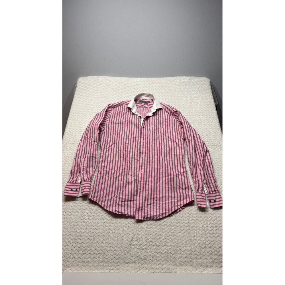 Givenchy Men Pink Navy Striped Contrast Collar Long Sleeve Button Down Shirt S